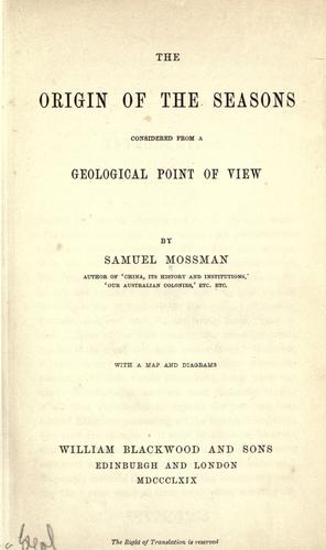 Cover for The origin of the seasons considered from a geological point of view