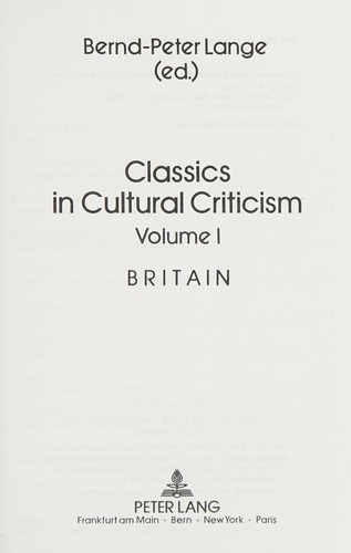 Cover for Classics in cultural criticism