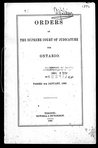 Cover for Orders of the Supreme Court of Judicature for Ontario