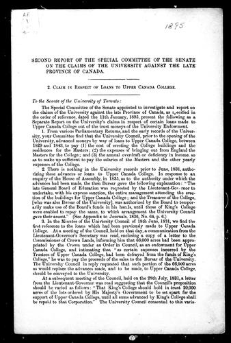 Cover for Second report of the Special Committee of the Senate on the Claims of the University against the late Province of Canada