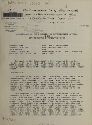 Cover for Certificate of the Secretary of Environmental Affairs on the Environmental Notification Form