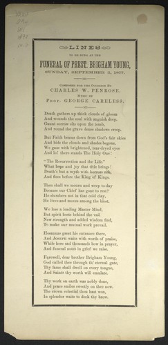 Cover for Lines to be sung at the funeral of Pres. Brigham Young, Sunday, September 2, 1877