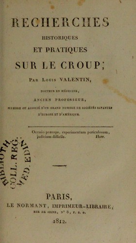 Cover for Recherches historiques et ptatiques sur le croup