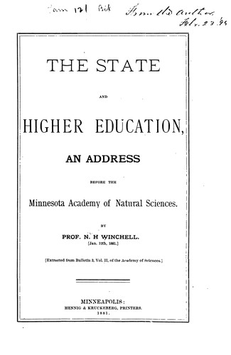 Cover for The State and Higher Education: An Address Before the Minnesota Academy of Natural Sciences