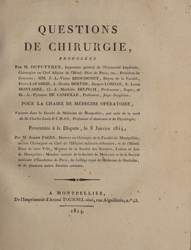 Cover for Questions de chirurgie, proposées ... pour la chaire de médecine opératoire ... présentées à la dispute, le 8 janvier 1814