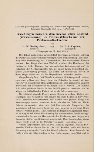 Cover for Beziehungen zwischen dem mechanischen Zustand (Zerkleinerung) des Futters (Fleisch) und der Pankreassafteskretion