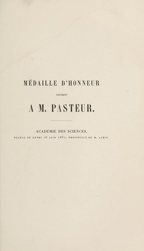 Cover for Medaille d'honneur offerte à M. Pasteur