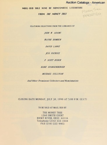 Cover for 9th mail bid sale of numismatic literature, featuring selections from the libraries of  John W. Adams, Wayne Homren, David Lange, Jess Patrick, [etc.] ...
