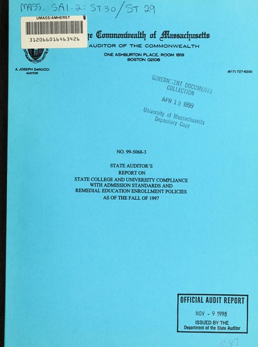 Cover for State Auditor's report on state college and university compliance with admission standards and remedial education enrollment policies as of the fall of 1997