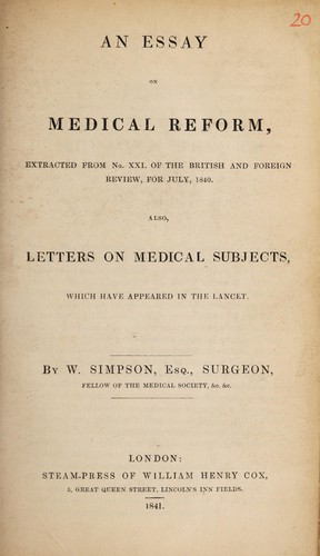 Cover for An essay on medical reform