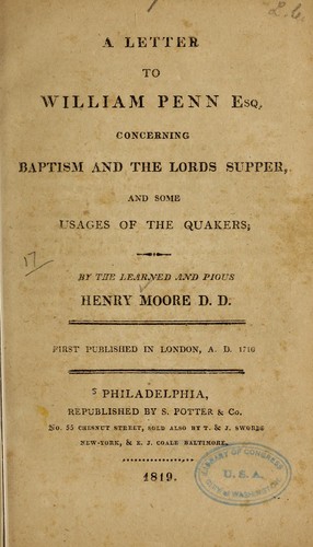 Cover for A letter to William Penn, esq. concerning baptism and the Lord's supper and some usages of the Quakers