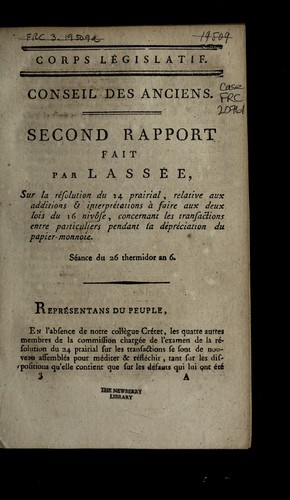Cover for Second rapport fait par Lasse e, sur la re solution du 24 prairial, relative aux additions & interpre tations a   faire aux deux lois du 16 nivo se, concernant les transactions entre particuliers pendant la de pre ciation du papier-monnoie