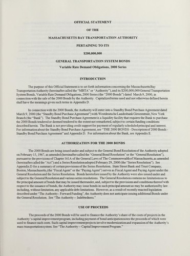 Cover for $200,000,000 Massachusetts Bay Transportation Authority general transportation system bonds, variable rate demand obligations 2000 series