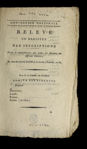 Cover for ... Releve  du registre des inscriptions pour le renouvellement, par quart, des membres des diffe rens comite s