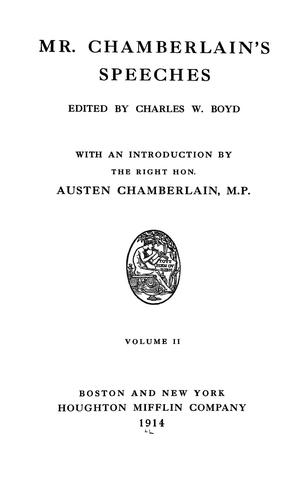 Cover for Mr. Chamberlain's speeches; ed. by Charles W. Boyd, with an introd. by Austen Chamberlain.