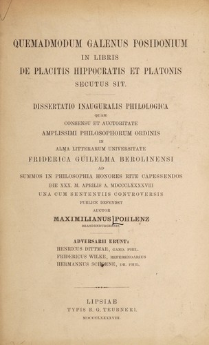 Cover for Quemadmodum Galenus Posidonium in libris de placitis Hippocratis et Platonis secutus sit