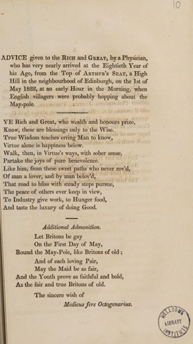 Cover for Advice [in verse] given to the rich and great, by a physician, who has very nearly arrived at the eightieth year of his age, from the top of Arthur's Seat ... on the 1st of May 1822