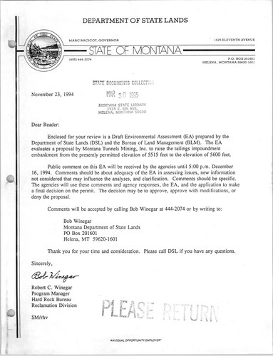 Cover for Draft environmental assessment for Montana Tunnels Mining, Inc., operating permit no. 00113