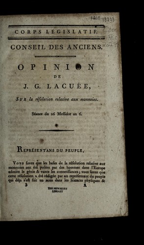 Cover for Opinion de J.G. Lacue e, sur la re solution relative aux monnoies