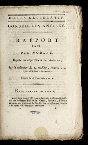 Cover for Rapport fait par Noblet, de pute  du de partement des Ardennes, sur la re solution du 14 messidor, relative a   la vente des biens nationaux