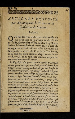 Cover for Articles proposez par Monseigneur le prince en la conference de Loudun