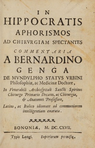 Cover for In Hippocratis Aphorismos ad chirurgiam spectantes commentaria ... Latino, ac Italico idiomate ad communiorem intelligentiam exarata