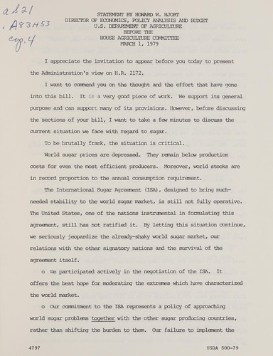 Cover for Statement by Director of Economics, Policy Analysis and Budget, U.S. Department of Agriculture before the House Agriculture Committee