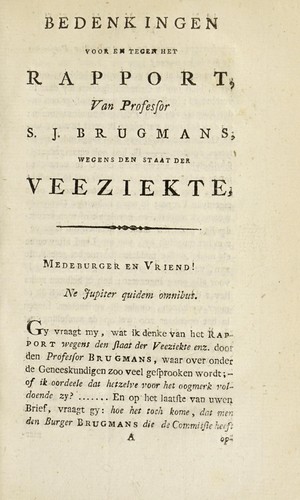 Cover for Bedenkingen voor en tegen het Rapport van S.J. Brugmans, wegens den staat der veeziekte waargenomen in de maand December 1796, in de landen tusschen Maas en Waal en de lande van Cuyk