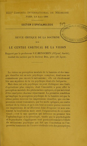 Cover for Revue critique de la doctrine sur le centre cortical de la vision