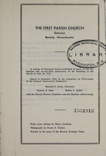 Cover for First Parish Church, Unitarian, Beverly, Mass. a vol. of historical interest pub. in honor of the 275th anniversary of the founding of the church on Sept. 20, 1667