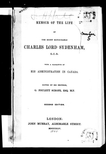 Cover for Memoir of the life of the Right Honourable Charles Lord Sydenham, G.C. B.