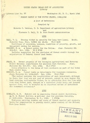 Cover for Forest credit in the United States, 1930-1945