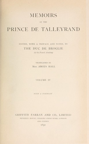 Cover for Memoirs of the Prince de Talleyrand