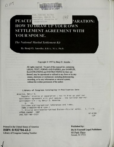 Cover for Peaceful Divorce or Separation: How to Draw Up Your Own Settlement Agreement With Your Spouse 