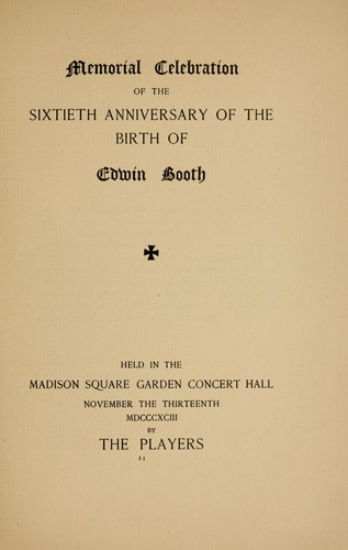 Cover for Memorial celebration of the sixtieth anniversary of the birth of Edwin Booth.