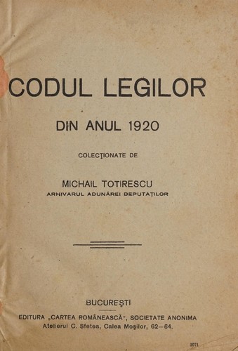 Cover for Codul legilor din anul 1920