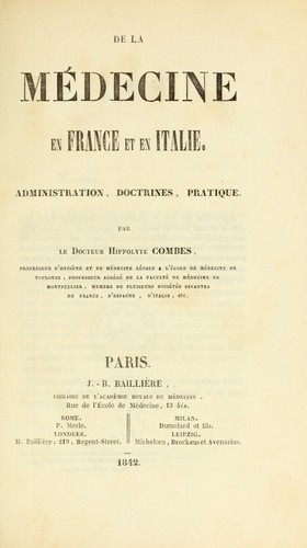 Cover for De la médecine en France et en Italie