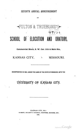 Cover for 7th annual announcement of Fulton and Trueblood's School of Elocution and oratory.