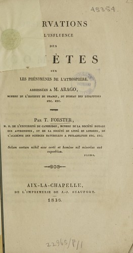 Cover for Observations sur l'influence des comètes sur les phénomènes de l'atmosphère