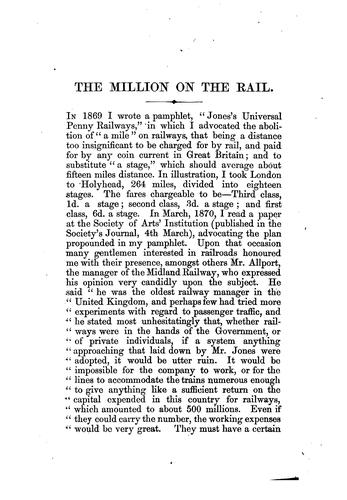 Cover for The Million on the Rail: A Few Statistics Showing the Expediency of Encouraging the Third-class ...