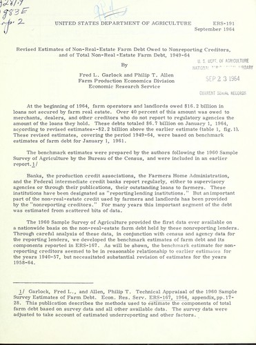 Cover for Revised estimates of non-real-estate farm debt owed to nonreporting creditors, and of total non-real-estate farm debt, 1949-64