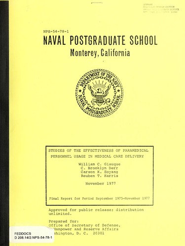 Cover for Studies of the effectiveness of paramedical personnel usage in medical care delivery