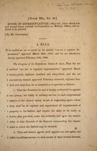 Cover for A bill to be entitled An act to amend an act entitled "An act to regulate impressments," approved March 26th, 1863, and an act amendatory thereof approved February 16th, 1864.