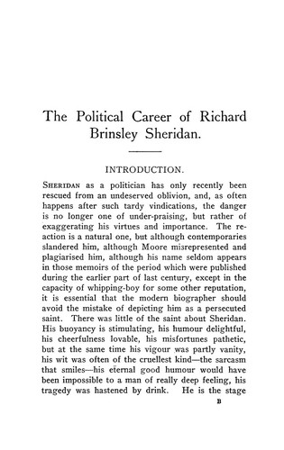 Cover for The political career of Richard Brinsley Sheridan