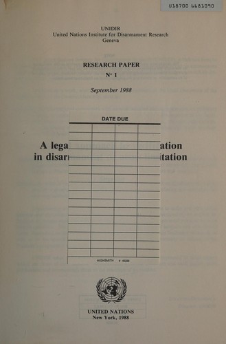 Cover for Legal Approach to Verification in Disarmament or Arms Limitation (Research Papers (United Nations Institute for Disarmament Research))