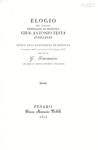 Cover for Elogio del celebre professore di medicina G.A. Testa ...