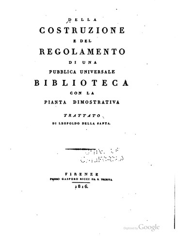 Cover for Della costruzione e del regolamento di una pubblica universale biblioteca, con la pianta dimostrativa