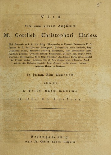 Cover for Vita ... Gottlieb Christophori Harless ... descripta a filio natu maximo. [Index scriptorum omnium]