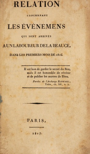 Cover for Relation concernant les Ã©vÃ¨nemens qui sont arrivÃ©s Ã  un laboureur de la Beauce, dans les premiers mois de 1816
