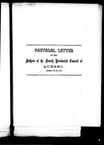 Cover for Pastoral letter of the Fathers of the fourth Provincial Council of Quebec, Quebec, 14th May, 1868